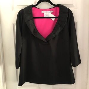 🌷Gretchen Scott Designs Black Pink Ruffled scuba Blouse large